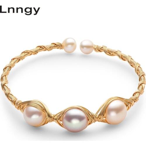 Lnngy 14K Gold Filled Twisted Bracelet 10-10.5mm Natural Cultured Freshwater Pearl Twisted Bracelet Bangle Women Jewelry Gifts