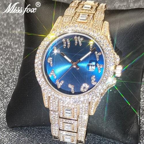 2021 Mens Watches MISSFOX Blue Iced Out Full Diamond Luxury Bling Watch Top Brand Design Waterproof Dive Auto Date Jewelry Clock