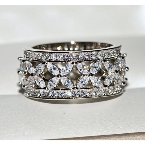 Classic 925 Sterling Silver Hollow Four-leaf Clover Flower Ring Set Womens Simple AAA Zircon Wedding Jewelry Bridal Jewelry