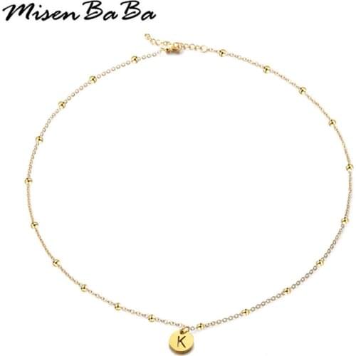 Stainless Steel A-Z Initial Letter Pendant Necklaces For Women Beads Chain Round Coin Alphabet Choker Collar lyrics Jewelry