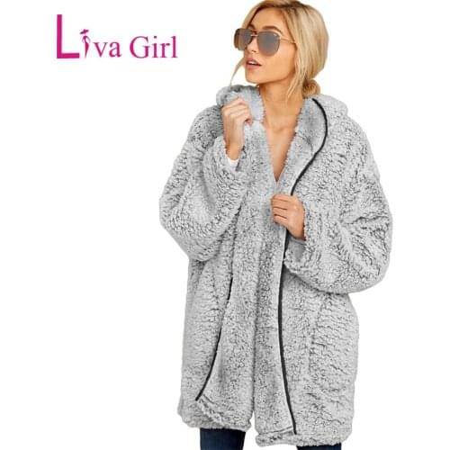 LIVA GIRL Gray/Brown Warm Plus Size Coat with Pockets and Hat Women Winter Solid Jackets Open Front Long Sleeve Oversized Coats