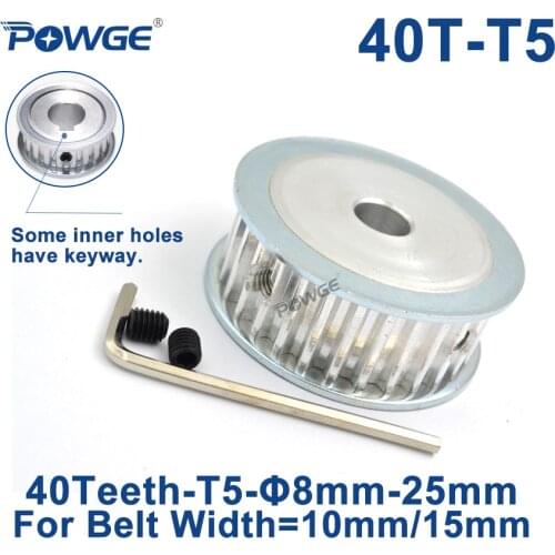 POWGE 40 Teeth T5 Timing Synchronous pulley Bore 8/10/12/14/15/19/20/22/25mm for belt width 10/15mm 40-T5-15 AF Gear 40teeth 40T