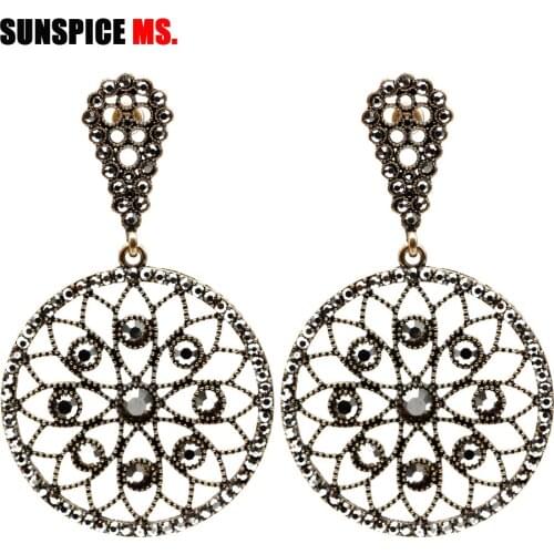 Sunpicems Gothic Crystal Drop Earrings for Women Antique Gold Color Round Big Dangle Earring Greece Bride Jewelry Gift 2020