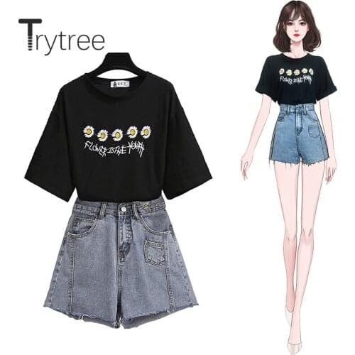 Trytree 2020 Summer Women two piece set Casual O-neck Small daisies T-shirt Tops + Shorts Cowboy Fashion pocket Set 2 piece set