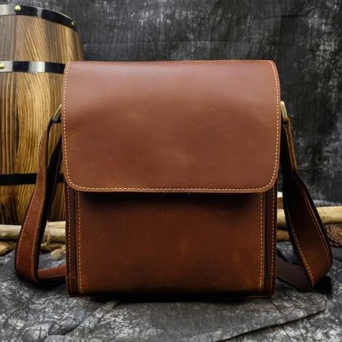 Vintage crazy horse leather men messenger bag A4 Genuine leather shoulder bag iPad Thick Cow leather school bag magnetic flap
