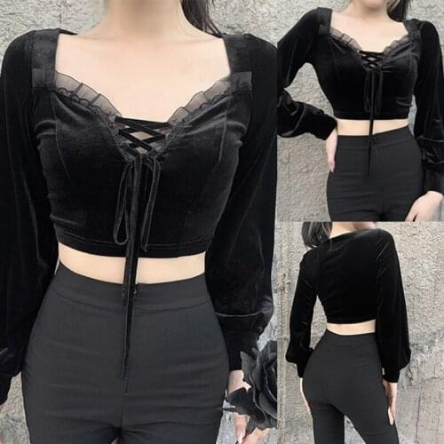 Vintage Sexy Lace Black Tops Goth Bandage Puff Sleeve Velvet T Shirt Harajuku Aesthetic Women Hollow Out Cropped Tops