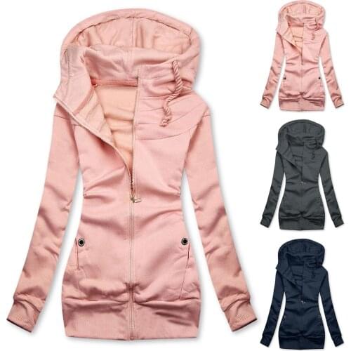 Women Jacket Fashion Casual Solid Color Pink Slim Fit Coat Pockets Jacket Zipper Sweatshirt Hooded Vintage Coats Female Overcoat