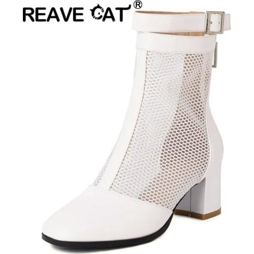 REAVE CAT 2021 New Fashion Ankle Zipper Boots PU Buckle Mesh Female Summer Round Toe 6cm Square High Heel Size 33-43 Black White