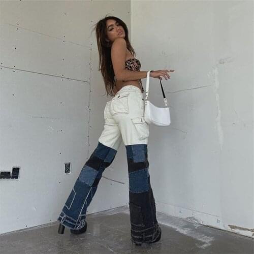 Sexy Patchwork Jeans Woman High Waist Straight Cargo Pants 2021 Summer Korean Fashion Streetwear Pockets Denim Safari Trousers