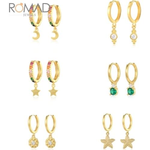 ROMAD Women Color Zircon Five-pointed Star Moon Pendant Earring 925 Sterling Silver Green Earrings Jewelry Pendientes