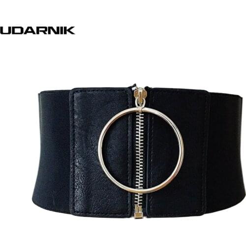 Lady Punk Waist Belt Extra Wide Corset Metal Ring Dress Cummerbund Zip Up Elastic Waistband Black New Fashion 200-A182