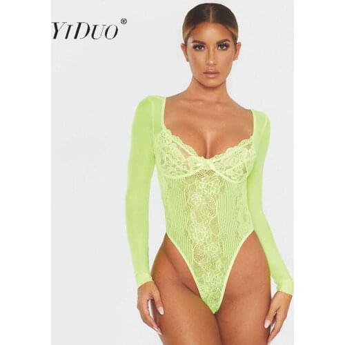 YiDuo Bow Floral Sheer Lace Bodysuit Long Sleeve V-Neck Backless Bodycon Jumpsuits Women Hollow Out Fashion Mesh Party Clubwear