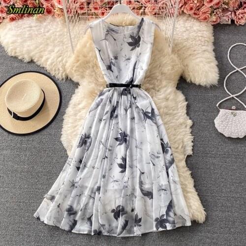 Smlinan Summer Sashes Print Long Dress Women Sleeveless Tank O Neck Plus Size 5xl Dress Vintage Elegant Party Dresses Female