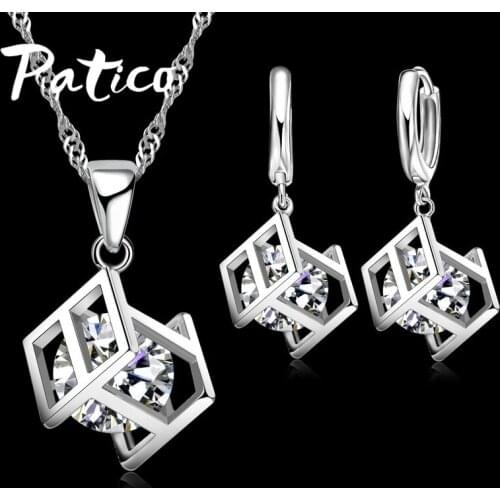 Princess Engagment Wedding 925 Sterling Silver Women Geometric Choker Joyas Cubic Zirconia Pendant Necklace Earrings Jewelry Set
