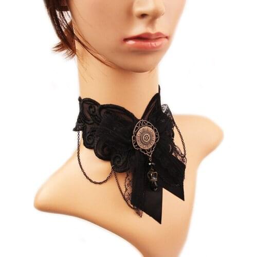 Gothic Charm Necklaces For Woman Steampunk Style Sexy Black Lace Necklace Bowknot Tassel Link Chain Statement Choker Jewelry