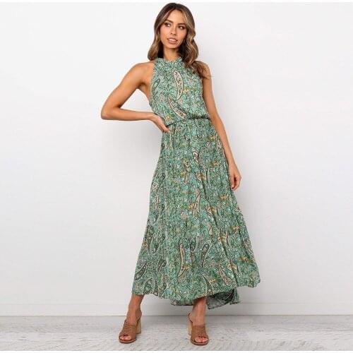 2021 New Womens Summer Elegant Floral Print Ruffle Halter Dress Spring Ladies Lace Up Stylish Long Party Beach Dress