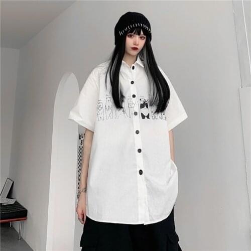 Anime Bears Print Shirts for Girls Summer Goth Clothes Womens Loose Fit Button Down Blouses Tops Oversized Boyfriend Streetwear