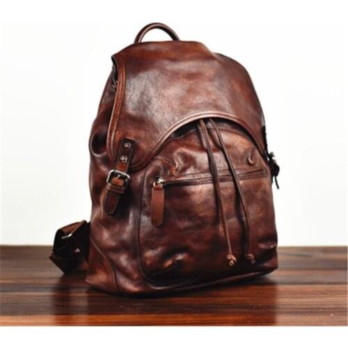 Mens handmade vegetable tanned genuine leather personality big shoulder bag head layer cowhide retro casual backpack bag