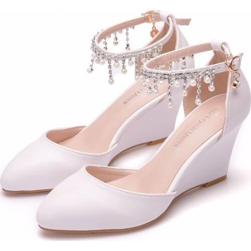 Crystal Queen 8cm Women Elegant Heels Wedges Shoes for Women Wedges Pearls Tassel Chain Platform Wedges Shoes White Wedges Shoes