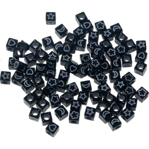 200PCs Mixed Black 6x6mm Acrylic Square Moon Stars Flower Loose Beads For Bracelet DIY Jewelry Making Necklace