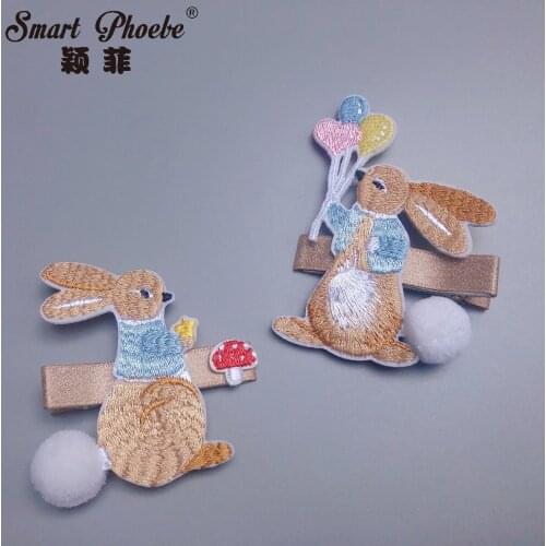 Boutique 10pcs Fashion Embroidery Bunny Hairpins Pom Pom Rabbit Alligator Clips Princess Easter Headwear Girls Hair Accessories