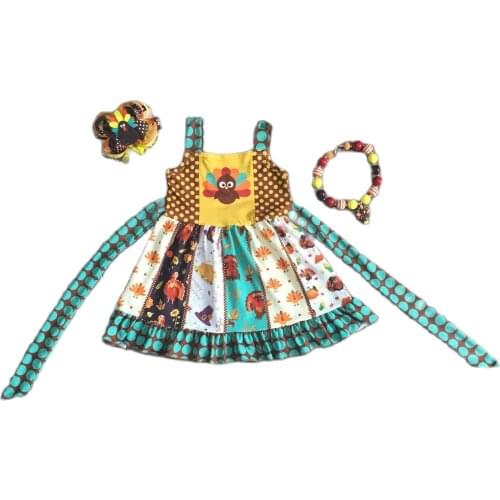 Girlymax Thanksgiving Baby Girls Turkey Milk Silk Sleeveless Dress Kids Clothing Boutique Knee Length Ruffles Match Accessories