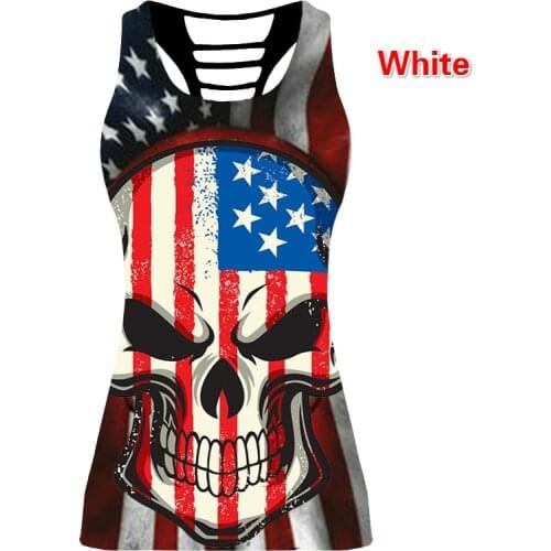 Women Skeleton Tops Sport Sleeveless T Shirt Tank Flag Skull Cross 3D Print Jerseys Back Hollow Out Vest for Club Fitness Sports