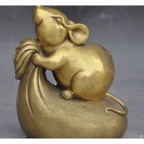 China Brass Fengshui Zodiac Rat Mice Mouse Money Bag wealth Lucky Art Figurines