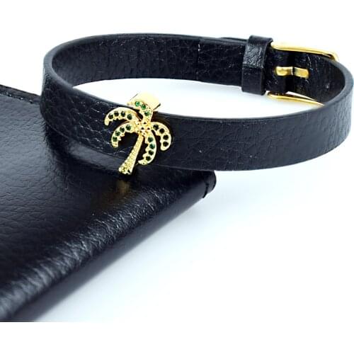 Coconut Tree Charm Bracelet for Women Man Micro Pave Green CZ Bracelets Leather Jewelry Gifts