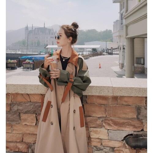 2021 new womens jacket windbreaker 3-color stitching fashion mid-length, waist waist, all-match spring and autumn jacket women