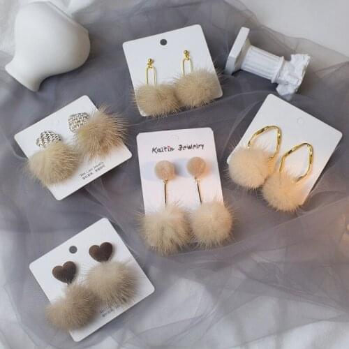 Cute Mink Fur Ball Long Drop Earrings Heart Crystal Ear for Women Weave Square Unique Soft Dangle Earring Women Girl Party Gift