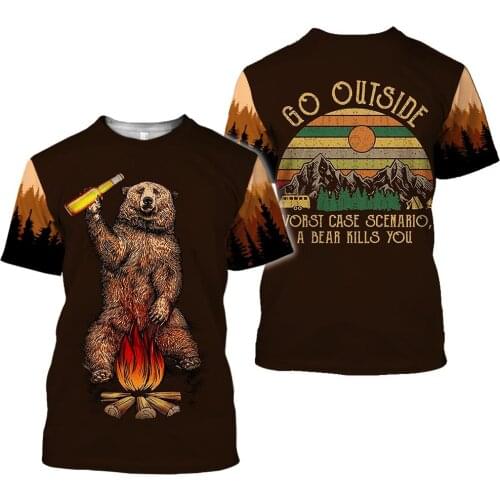 2019 New summer Fashion t shirt men Brown bear Beer Bonfire 3D Printed t-shirt Camping Harajuku streetwear camiseta masculina