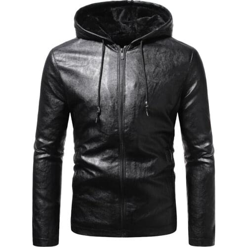 Mens Leather Jacket Casual Fashion Trend Hooded Leather Coat