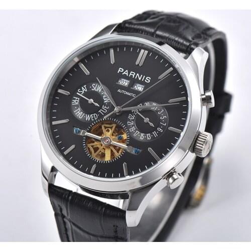 43mm PARNIS Self Winding Men Watch Rose Gold Case Week Date Month Hollow Dial Wristwatch Leather Strap
