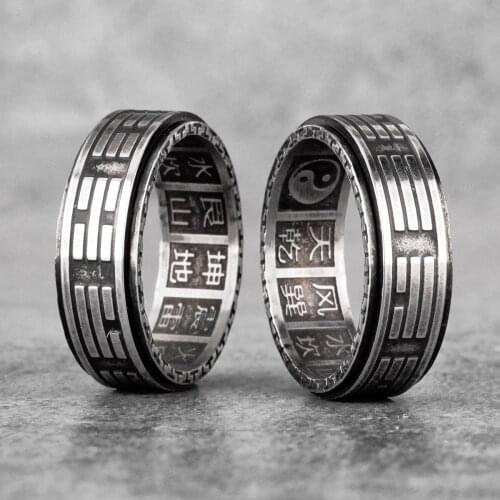 Chinese Style Taoism Tai Chi Bagua Rotatable Stainless Steel Mens Rings for Male Boyfriend Jewelry Creativity Gift Wholesale