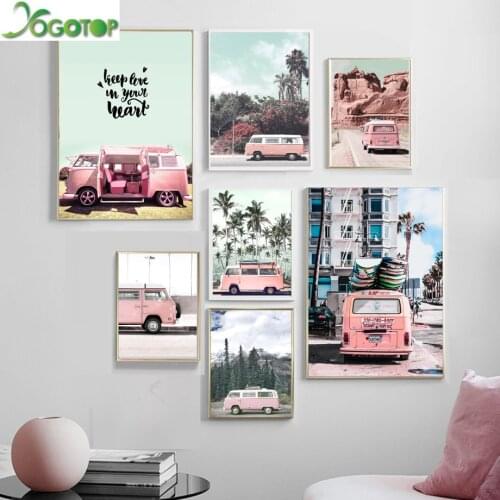 Pink Bus Forest Sky Sea Coconut Tree Wall Art Nordic Diy Diamond Painting 5D Full Mosaic Diamond Embroidery rhinestone YY2169