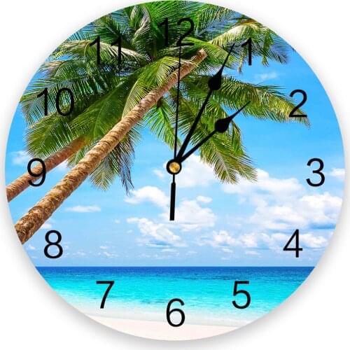 Coconut Tree Beach 3d Wall Clock Modern Design Farmhouse Decor Kitchen Vintage PVC Round Clock Living Room Decoration