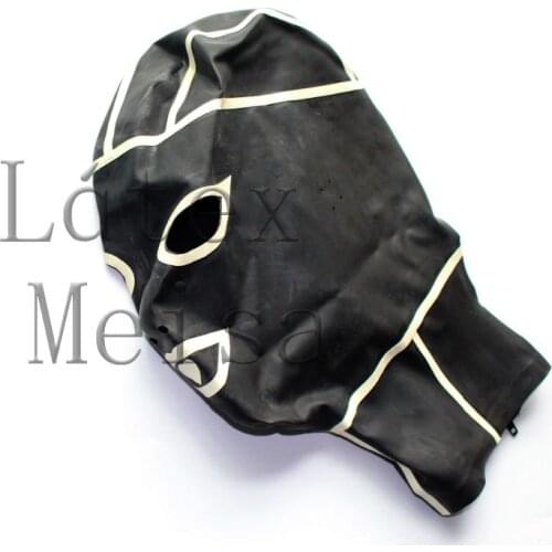 Novelty latex catsuit hoods open eyes nostrils black patchwork white colors with back zip for adults