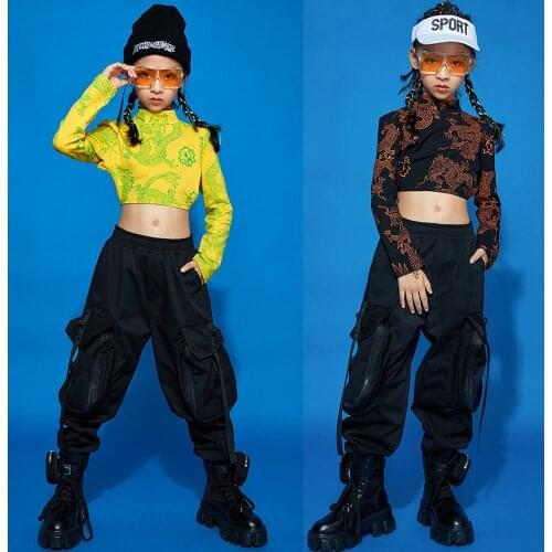 Girl Hip Hop Clothing Long Sleeves Sweatshirt Croped Tops Loose Casual Pants Chinese Style Jazz Dance Costume Hiphop Outfits Kid
