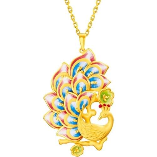 Original design peacock open screen enamel porcelain pendant necklace art unique ancient gold craft charm silver jewelry