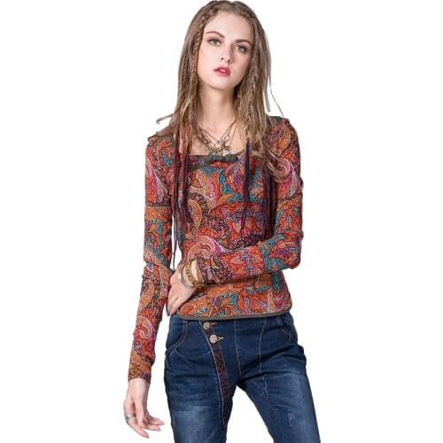 Original design womens fashion spring new stylish printing t-shirt buttonhole loop slim long-sleeved t-shirt women B9203