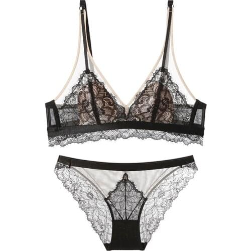 Sexy Lace Bralette Set Lace Patchwork Ultra Thin Transparent Bra Set Unlined Wireless Triangle Cup Underwear Lingerie Women