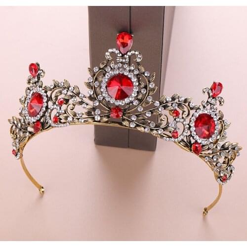 Retro Baroque Red Crystal Rhinestone Large Crown Tiaras de Noiva Head Jewelry Flower Headpiece Women Wedding Hair Accessories BH