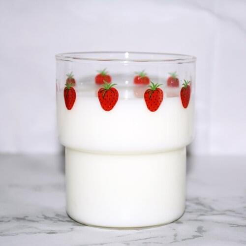 Stackable Strawberry Cute Glass Cup With Straw Creative Transparent Water Cup Student Milk Heat Resistant Glass Nana 300ml