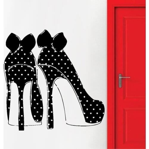Modern Wall Sticker High Heel Fashion Shoes Polka Dots Bows Vinyl Self-adhesive Wall Decal Girls Room Home Decoration Y881