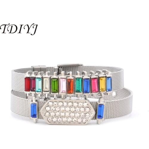 TDIYJ Deluxe Jewelry KEEPER Charm Bracelet Set Stainless Steel Mesh Bracelet with Crystal Birthstone Slide Charms 2Sets