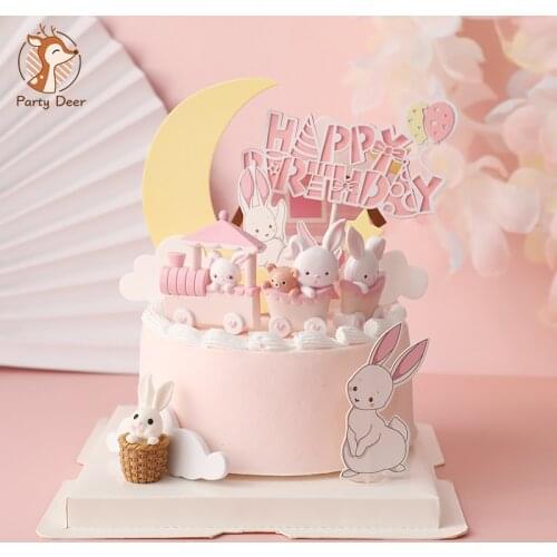 Pink Bunny Train Baby Decoration Happy Birthday Rabbit Moon Cake Topper for Children Kid Party Baking Supplies Lovely Gifts