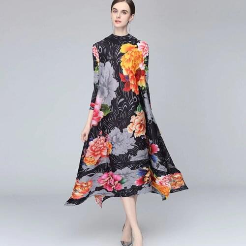 Vintage Print Dress For Women 45-75kg Plus Size 2021 Spring Summer Half Turtleneck Loose A-Line Elegant Miake Pleated Clothes