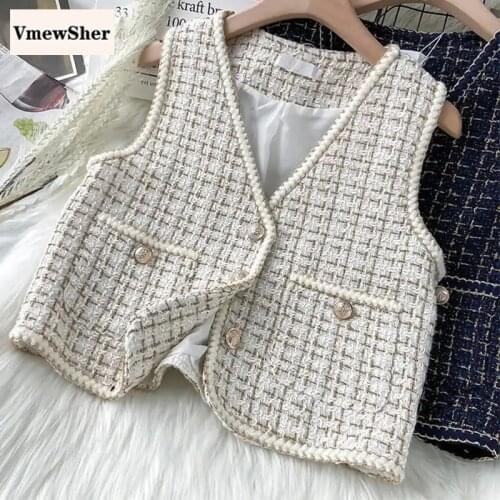 VmewSher Vintage Autumn Winter Women Woolen Waistcoat Office Lady Elegant Sleeveless Jacket Buttons Fashion Short Vest Outwear