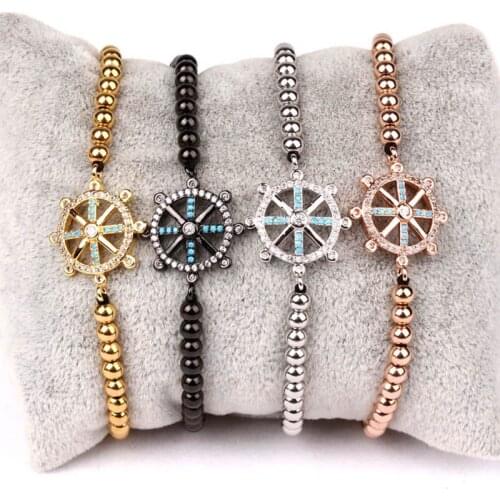 High quality Small Stainless Steel Beads Colorful CZ Rudder Charm Bracelet Men Women
